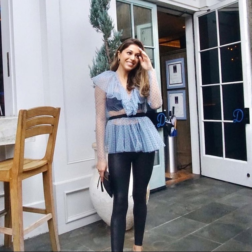Polka dotted blue wrap top XS